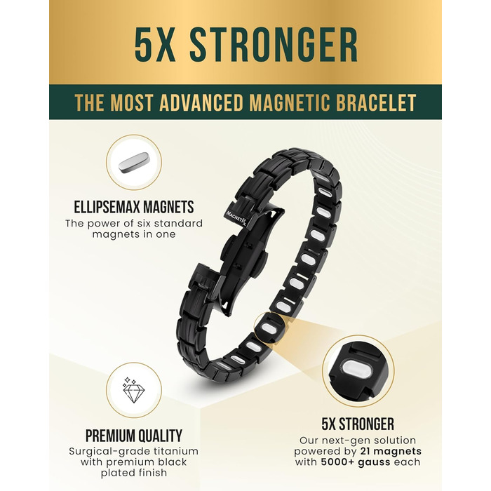 Браслет на магнітах MagnetRX® Ultrastarkes Titan для жінок – титановий браслет з регулюванням розміру, чорний (5x Strength)