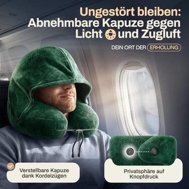 Подушка для шиї HELDENWERK® Air - для подорожей літаком та автомобілем | 5 положень, регульована, знімний капюшон | М'яка, зелена, для жінок та підлітків