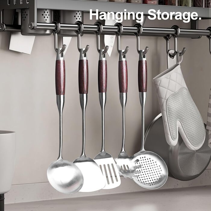 Набір кухонного приладдя з нержавіючої сталі, 5 предметів: лопатка, половник, шумовка, серветка для пасти та шумовка, придатний для миття в посудомийній машині