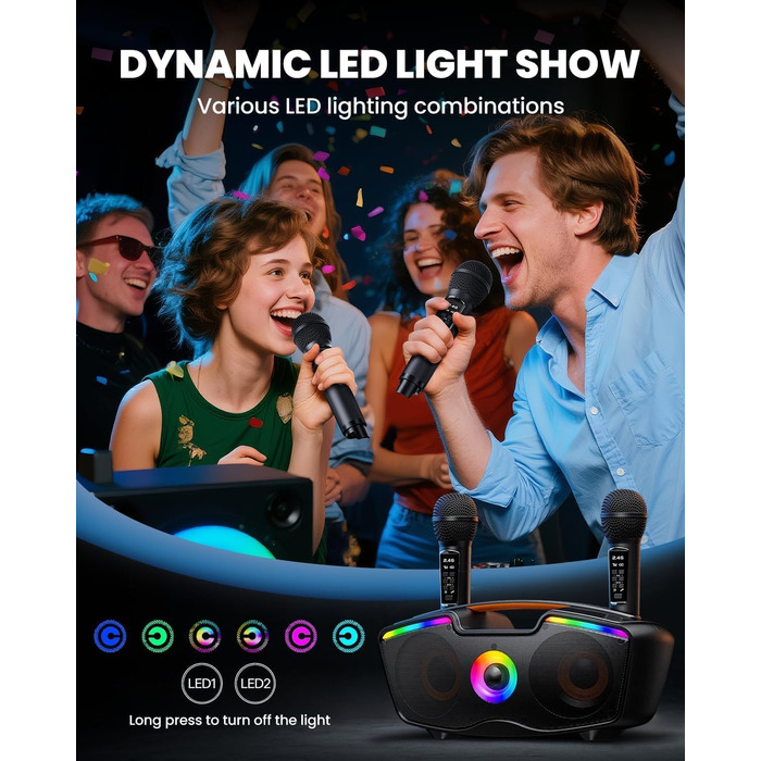 Bluetooth-караоке машина для дорослих та дітей, портативна 80W акустика з 2 бездротовими мікрофонами, регулятором ехо, підтримка USB/AUX/TF-картки, ідеальний подарунок для дому та вулиці
