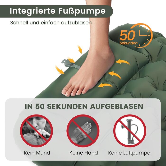 Каремат самонадувний туристичний Tuocal Isomatte, 9 см, з подушкою, з насосом, антиковзаюча поверхня, для кемпінгу, відпочинку на природі, подорожей, намету (армійний зелений)