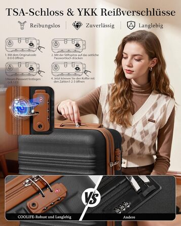 Набір валіз COOLIFE: велика (55x35x20 см) + маленька (40x25x20 см) для ручної поклажі Ryanair & Easyjet, ABS, 2 шт, з TSA замком, чорний/коричневий