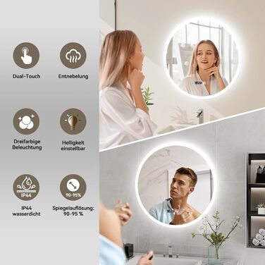 Дзеркало для ванної кімнати YOURLITE з підсвічуванням, діаметр 60 см, LED, сенсорне керування, 3 кольори світла, регулювання яскравості, антизапар, пам'ять, годинник, білий