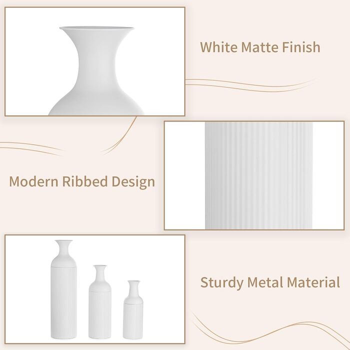 Large White Metal Floor Vase - Modern Textured Design, 68/51/41cm - Perfect for Pampas Grass, Living Room, Bedroom, Fireplace & Entryway