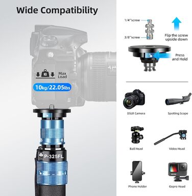 Штатив-монопод SIRUI P-325FL з вуглецевого волокна: легкий, з 5 секціями, навантаження до 10 кг