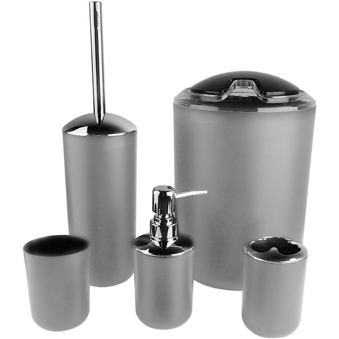 Комплект аксесуарів для ванної кімнати на 6 предметів: дозатор для мила, мильниця, тримач для зубних щіток, стакан для ополіскування, тримач для унітазу, сміттєвий бак (сірий)