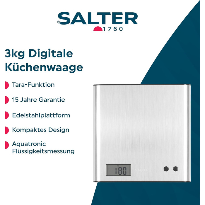 Кухонні ваги Salter 1066 BKDRAS15 Arc - цифрові, з LCD дисплеєм, максимальна точність, функція таро та додавання, чорний (Edelstahl)