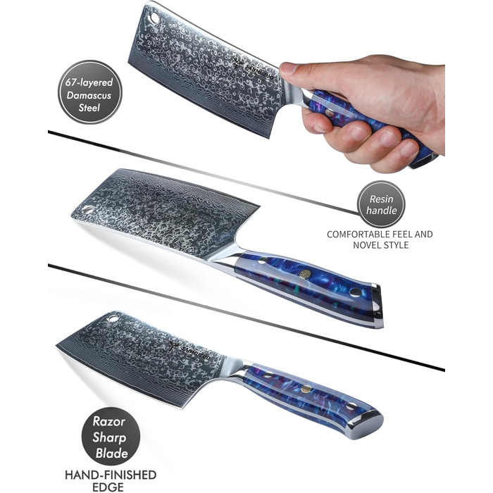 Ніж кухарський Sanmuzuo Hackmesser 17 см, професійний, Дамаск, серія Xuan, VG10 сталь, ручка з епоксидної смоли (сапфірово-блакитна)