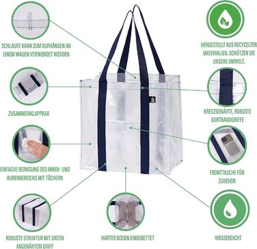 VENO 34 Liter Large Shopping Bag Foldable with Sturdy Bottom and Front Pocket, Reusable Shopping Bags Water-Resistant Tote Bag Shopping Basket for Shopping, Picnic (Transparent, 4-Pack)