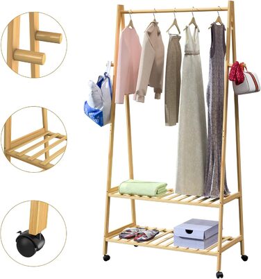 Casaria® Clothes Rack on Wheels Wood Stable Bamboo Clothes Rail Narrow with 4 Hooks 2 Shelves Open Coat Rack 155x70cm Entryway Coat Stand