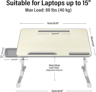 Столик для ноутбука в ліжко, регульований, з ящиком, 60 x 34 см, Бежевий