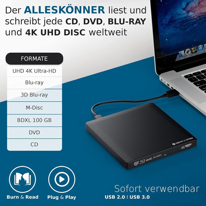 Зовнішній Blu-ray привід techPulse120 UHD 4K 3D M-Disc BDXL USB 3.0 USB-C, DVD/CD Burner для ноутбука та ПК, Windows/Mac OS, Алюміній (Чорний)