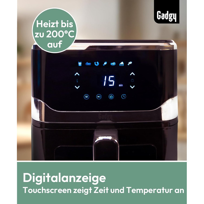 Фритюрниця без олії Gadgy 5L з цифровим дисплеєм та скляним вікном - Airfryer з антипригарним покриттям, 1400W, регулювання температури 80-200°C