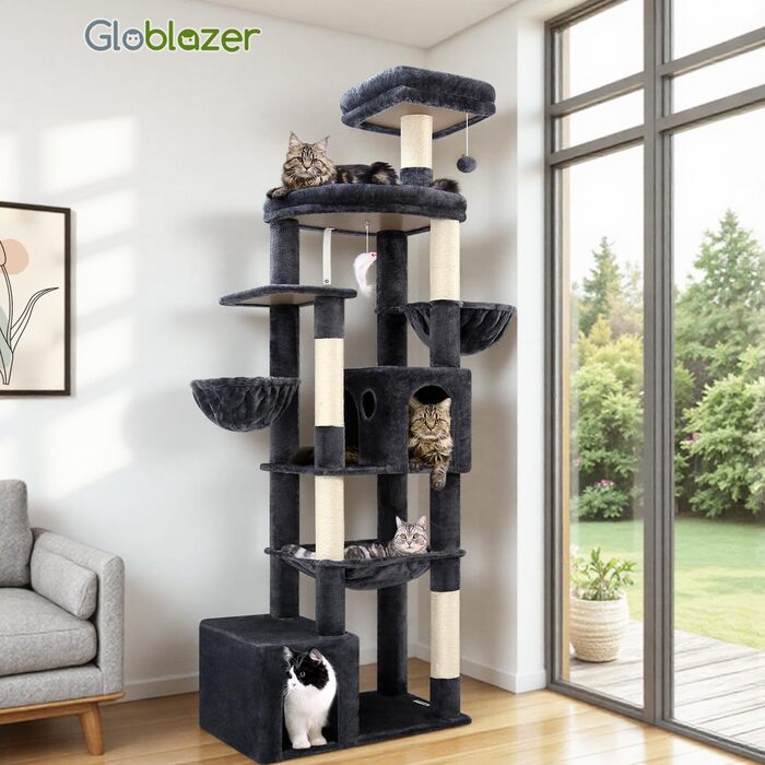 Драбина для котів Globlazer XXL 193 см з будиночком, гамаком, платформами та іграшками. Стабільна для 3-5 котів. Сірий колір.