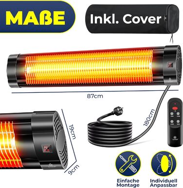 Інфрачервовий обігрівач KESSER® 2500W з пультом, 3 режими, швидкий нагрів, кріплення на стіну, для тераси, кварцовий, з захисним чохлом, таймер - антрацит (чорний)