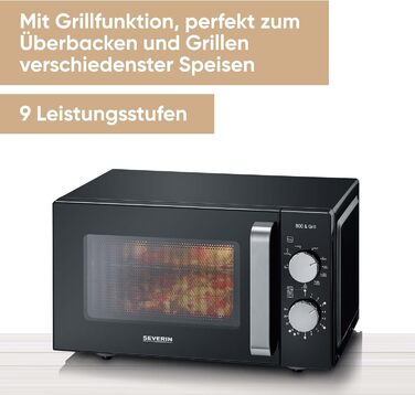 Мікрохвильова піч Severin 2-в-1 з грилем, 20 л, чорна, MW 7762. Функція гриля, плоский скляний стіл, XXL-об'єм для прямокутного посуду, легке очищення.