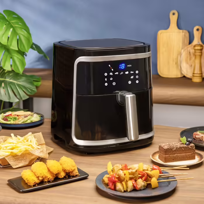 Aigostar Cube — аерофритюрниця 7 л XXL, 1900 Вт, 7 програм, з функцією підтримки тепла, 20 рецептів, без олії, для 6-10 осіб, цифровий LED-екран, чорна