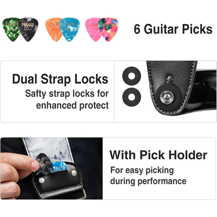 Гітарний ремінь LEKATO, смугастий, 6.7 см, з регулюванням, з шкіри, з кишенькою для медіатора та 6 медіаторів/фіксаторами ремінця - для бас-гітари, електро- та акустичної гітари (Колір: Nebel)