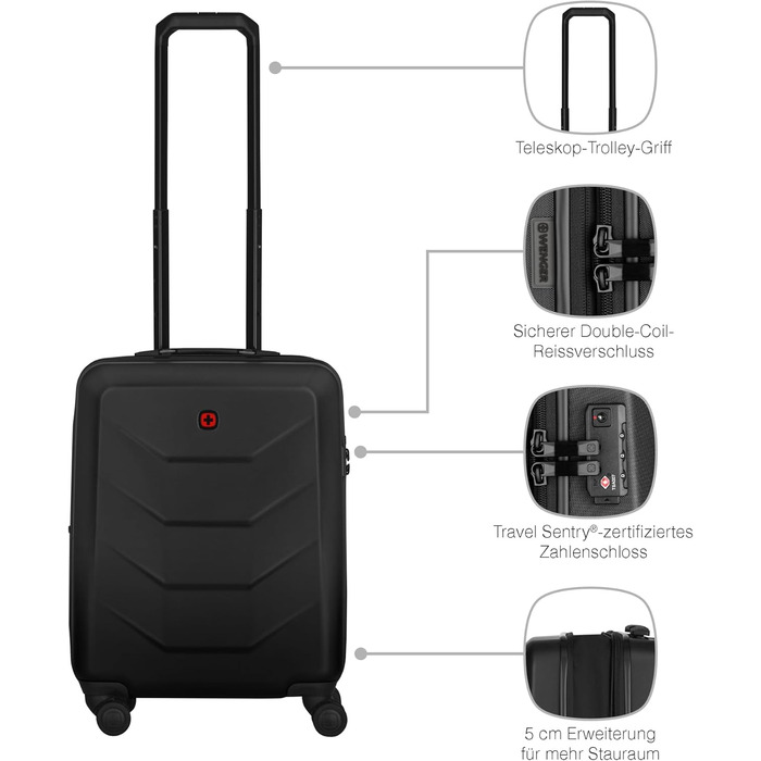 WENGER Pryo Hard Shell Suitcase with 4 Wheels, Trolley, Medium Size, 59 (67) L, Security Lock, for Men, Travel Vacation, 612537 (Black, Carry-On)
