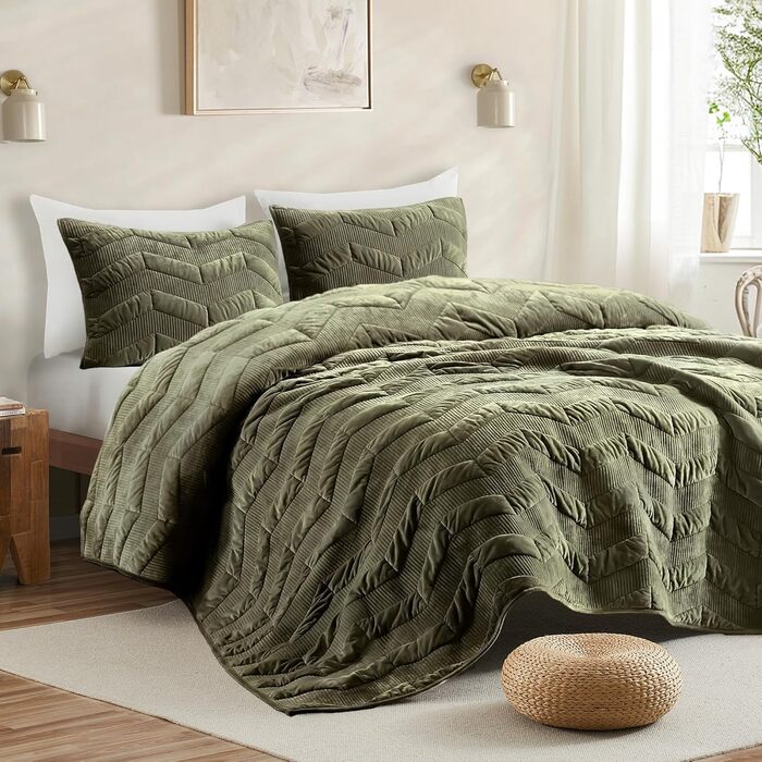 Шовкова стельова ковдра SHALALA King Size, смугаста постільна ковдра, легка шовкова ковдра, розкішна ковдра з велюру та покривало, м'яка, з мікрофібри, для всіх сезонів (світло-тауп) King(270x240 см), Full/Queen(240x240 см), оливковий