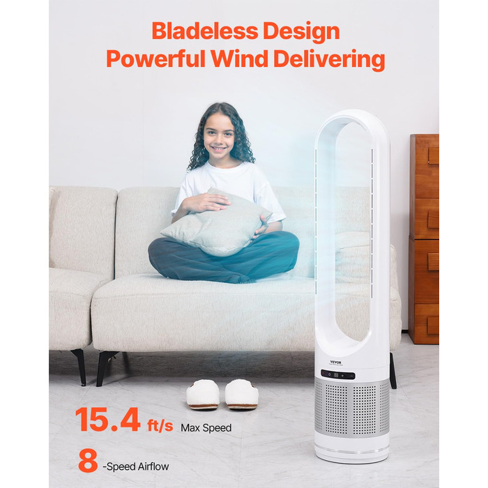 Турбо-вентилятор VEVOR без лопатей з HEPA-фільтром, 4.7 м/с, 8 швидкостей, осциляція 80°, таймер 8 годин, пульт ДК, режим очищення повітря