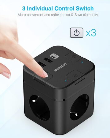 Багатофункціональний USB-розподільник 6 в 1 з USB-C, 3 розетки, індивідуальне вмикання, куб, кабель, для офісу, дому, подорожей (4M, чорний)