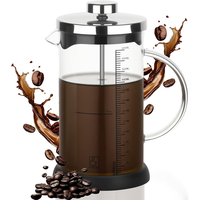 Френч-прес 600мл з нержавіючою сталлю, кавова преса, для приготування кави та чаю, стійке до нагрівання скло, підходить для миття в посудомийній машині