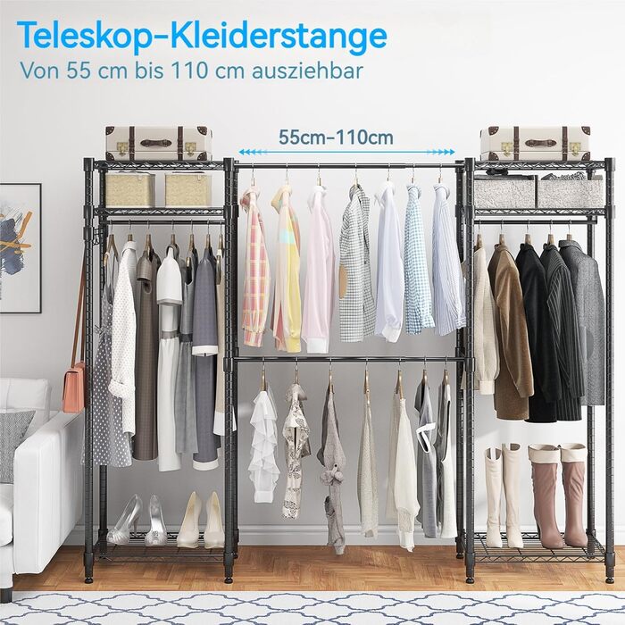 Тeleskopна штанга Himimi для одягу з 4 перекладинами та 6 регульованими полицями, 1 гачком, телескопічна система, регульована висота 175-230 см x H180 см, чорна