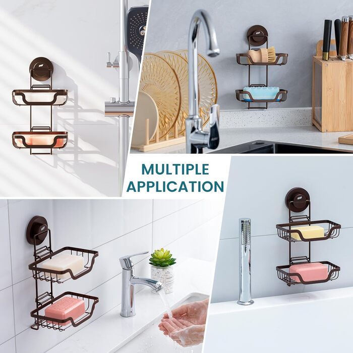 TAILI Shower Soap Dish with Drain and Hook, MAX Holds 5 KG, Stainless Steel Soap Dishes No Drilling, Bathroom Soap Holder Wall Mount, Double Soap Holder with Suction Cup, Sponge Holder, Brown