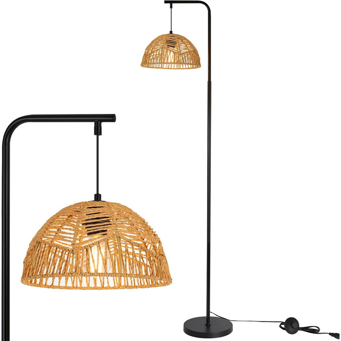 Торшер Rattan Boho - Стильний торшер для вітальні, спальні, тераси, офісу E27 164 см, чорний, з ніжкою-вимикачем