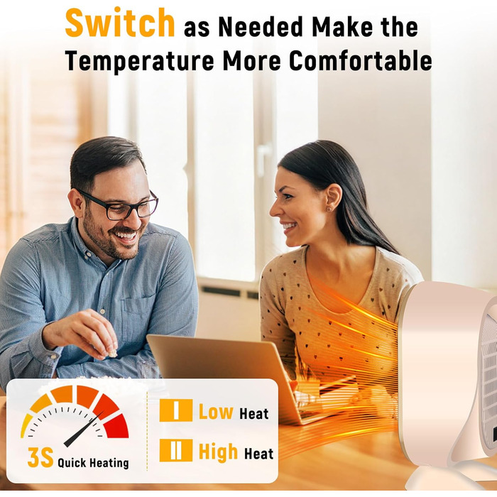 Електричний обігрівач Feebee: енергозберігаючий, тихий, 800/1200W, портативний, з контролем температури та захистом від перегріву та перекидання. Підходить для спальні, дому, офісу. (Білий, Бежевий)