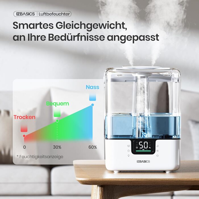 Зволожувач повітря EZBASICS Smart з верхнім заповненням 6L, 360° поворотна насадка, зволожувач та аромадифузор для дитячої кімнати, рослин, з програмою та голосовим керуванням, 1 упаковка + 7 нічників