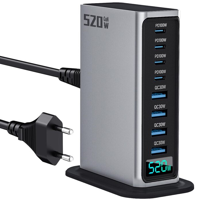 Зарядний пристрій USB-C 520W, 8 портів GaN, швидка зарядка для ноутбука, iPad, iPhone 17 Pro Max, Pixel, Dell, MacBook Pro/Air, Galaxy S25, Steam Deck