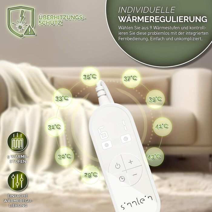 Sinnlein® Електрична гріюча ковдра з плюшу 200 x 180 см | 9 температурних режимів | Таймер | Зручна ковдра | Відключення за таймером | Можливість прання до 40°C | Digitalanzeige