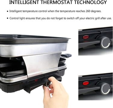Raclette Grill for 8 People, Grill Plate with Non-Stick Coating, Raclette with 8 Mini Raclette Pans & 4 Wooden Spatulas, Continuously Adjustable Temperature, 1500W, Stainless Steel