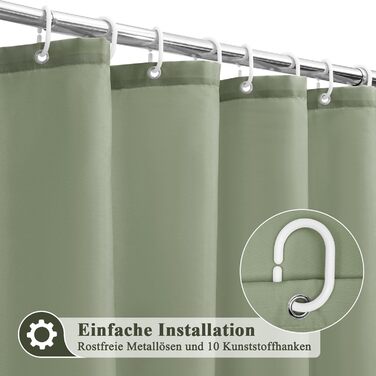 Штора для душу EurCross 180x200 см, водонепроникна, текстильна, зелена, з кільцями (1 шт.)