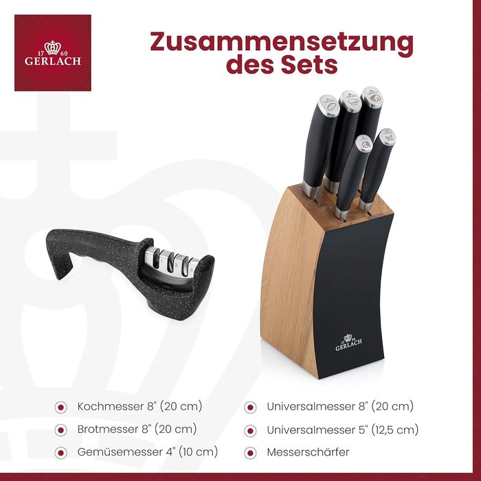 Набір кухонних ножів Gerlach Deco Black з точильним каменем (5 шт.) в блоці з бука та нержавіючої сталі