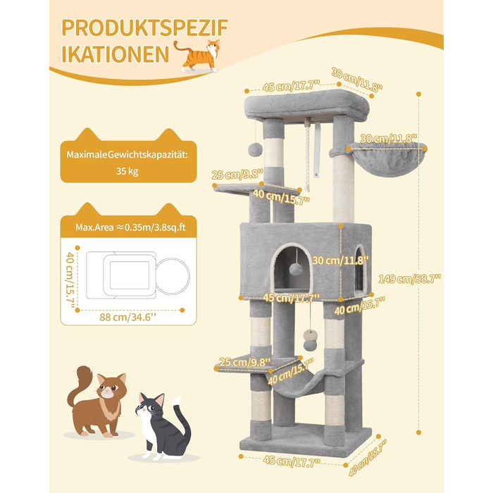 Двоповерховий комплекс для котів з 5 стовпчиками для шліфування, платформами, будиночком, помпонами, сірий (149см)