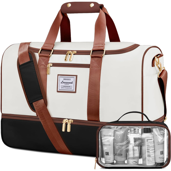 Сумка-валіза LOVEVOOK 37L для ручної поклажі: Weekender, спортивна, пляжна, з відділенням для взуття та мокрих речей, водонепроникна, для подорожей та відпочинку (M, Бежево-чорно-коричнева)