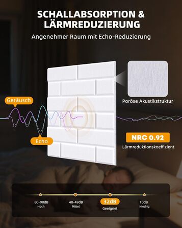Акустичні панелі Jamelo самоклеючі 3D цегла, 30x30x0,9 см, 12 шт. — звукопоглинаючі панелі для стін у студію, спальню та офіс (Білий)