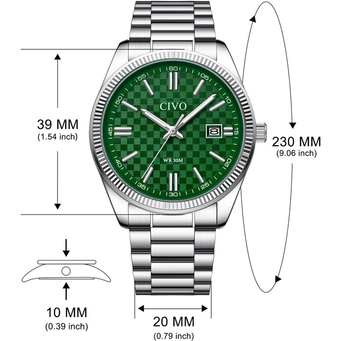 Чоловічий годинник CIVO з нержавіючої сталі: аналоговий бізнес-годинник з датою, що світиться - водонепроникний для роботи та відпочинку - стильний подарунок для чоловіків (сріблястий, зелений)