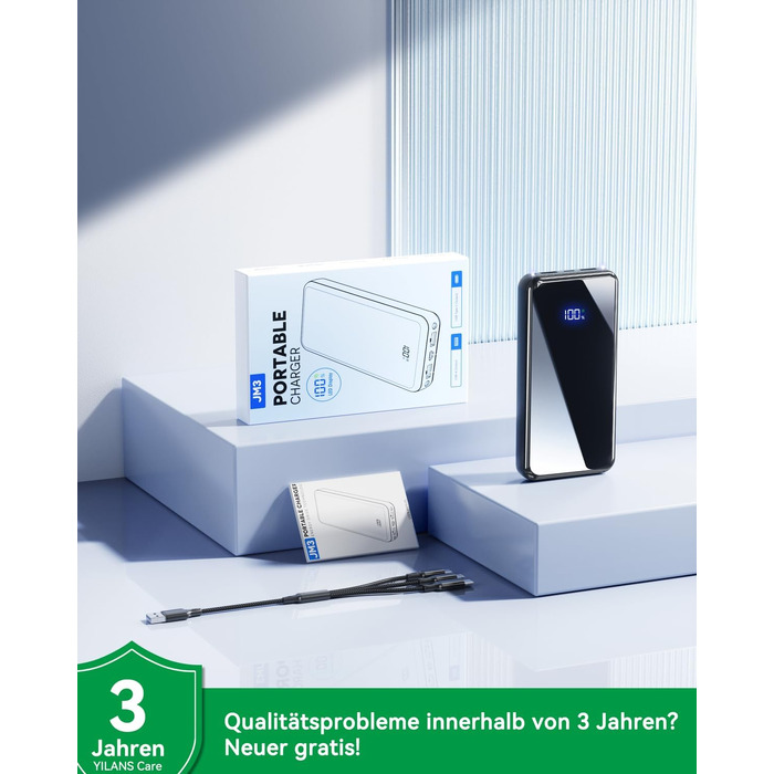 Повербанк 26800mAh з швидкою зарядкою USB-C та кабелем 3-в-1, Dual-LED ліхтарем, чорний — зовнішній акумулятор для iPhone 17/16/15, Samsung S26/S25, Xiaomi