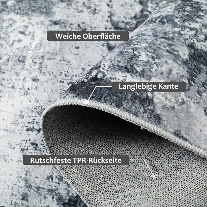 Килим для вітальні та спальні 160x230 см, сірий, короткий ворс, абстрактний, вінтажний дизайн, легко миється, не слизький