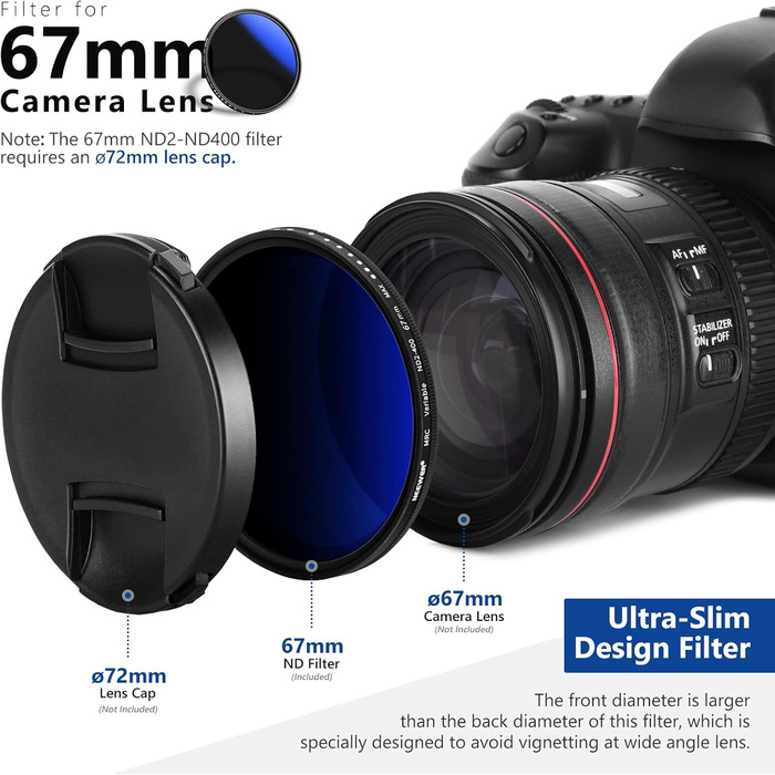 NEEWER 67mm Змінний ND-фільтр ND2-ND400 (1-9 ступенів), сірий фільтр, нейтральний фільтр, багатошарове покриття, водонепроникний та стійкий до подряпин