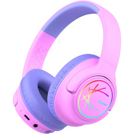 iClever Бездротові навушники для дітей з LED-підсвіткою, обмеження гучності 74/85 дБ, 43 години роботи, стереозвук, Type-C, AUX-кабель, Bluetooth 5.3, для планшетів/подорожей, рожево-фіолетові