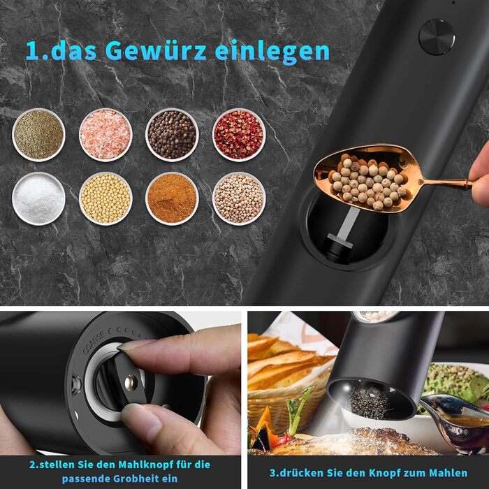 Electric Salt and Pepper Grinder 2-Piece Set, Rechargeable Spice Grinders with Double Charging Station, White LED Light, and Adjustable Coarse Grind