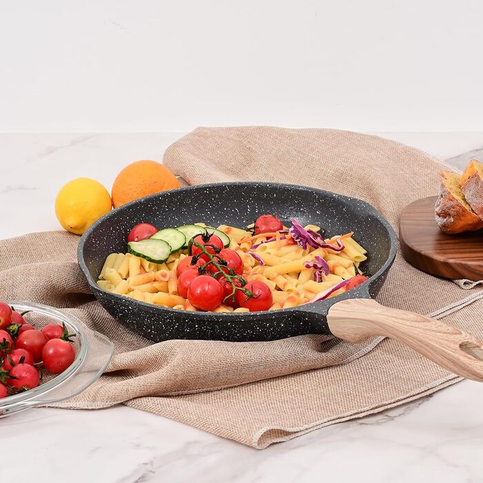 Набір сковорідок JEETEE 6 шт. з кришкою: 20см, 24см, 28см. Підходить для індукційних плит, з антипригарним покриттям, з кованого алюмінію, PFOA-free (сірий)