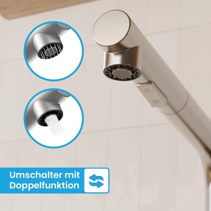 Кухонний змішувач Bächlein Varvaro – поворотний на 360° з висувним шлангом та душем – нержавіюча сталь