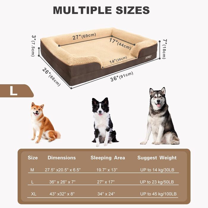 JOYELF Orthopedic Dog Bed for Large Dogs, Waterproof Foam Sofa with Removable, Washable Cover and Non-Slip Bottom for Small to Medium-Sized Dogs - Coffee