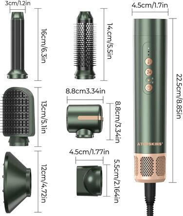 Atopskins Hairstyler: Фен-щітка 7-в-1 для створення зачісок, 110000 RPM, з іонізацією, дифузором, локонами, об'ємом, випрямленням, для волосся, зелений